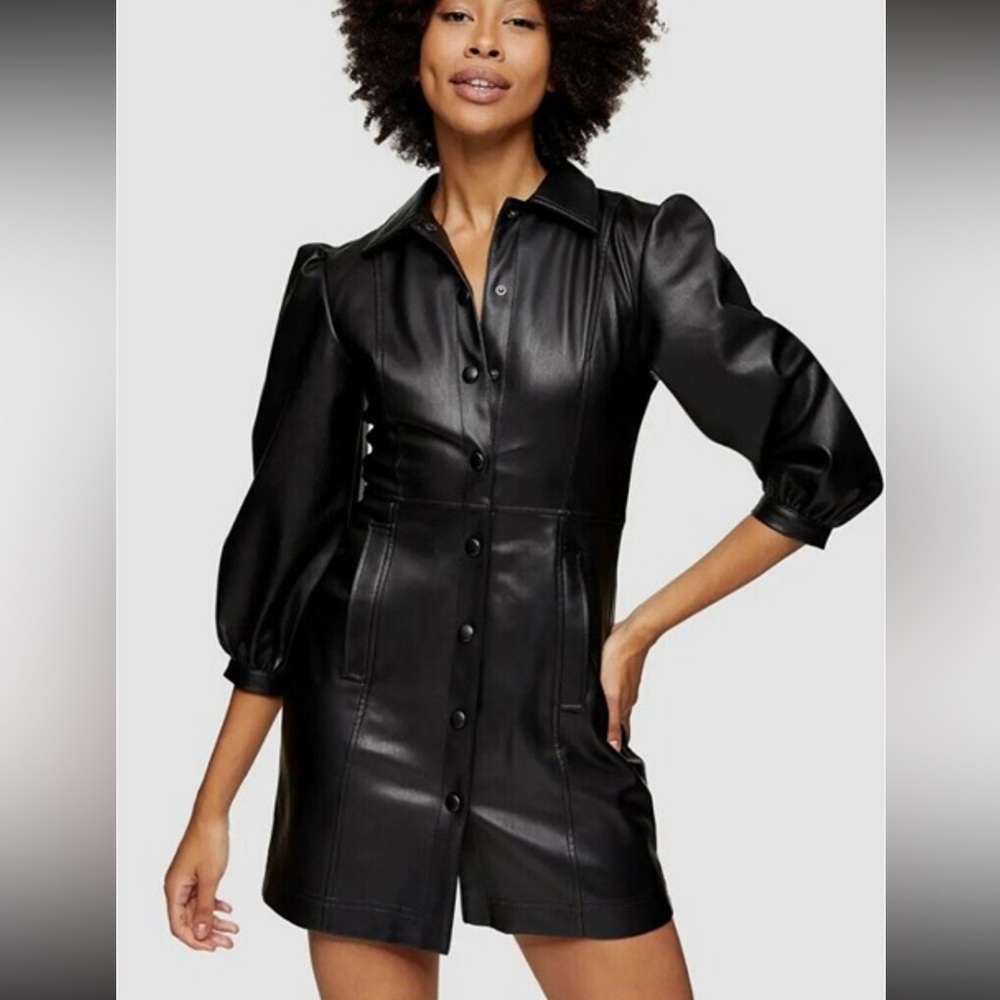 Topshop faux leather mini dress puff sleeves button-down 6
